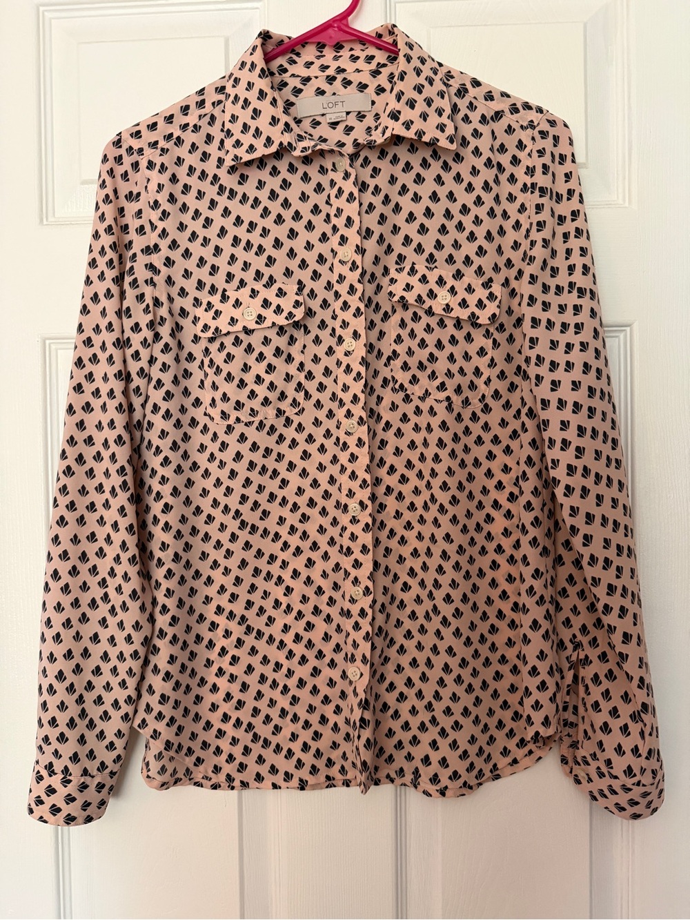 LOFT Light Pink and Black Button-Up Blouse